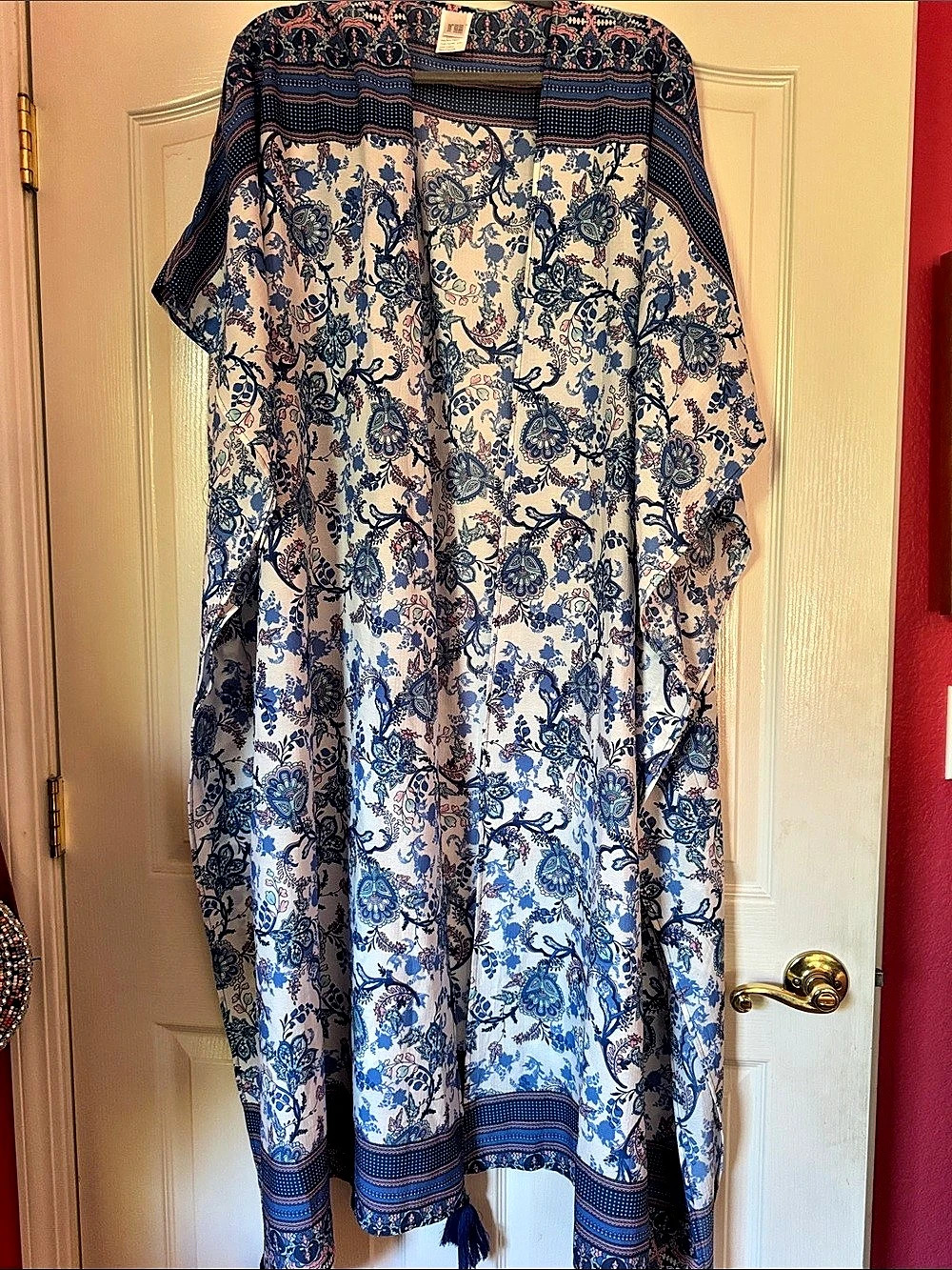 Floral Blue & White Long Duster Kimono